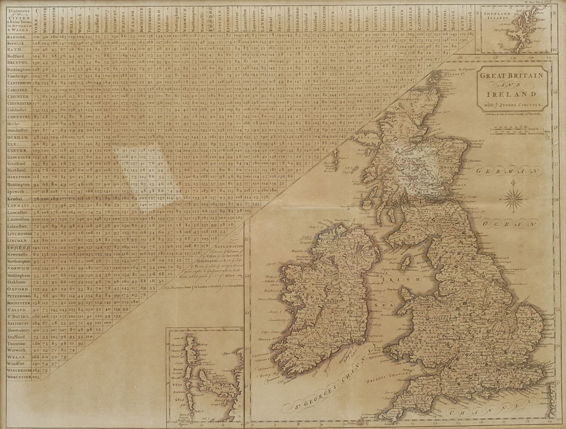 John Stockdale (British 1749-1814): 'Great Britain and Ireland with ye Judges Circuits', engraved map with triangular distance chart titled 'Distances of the Cities & Shire Towns in England & Wales' pub. 1805, 37cm x 48cm