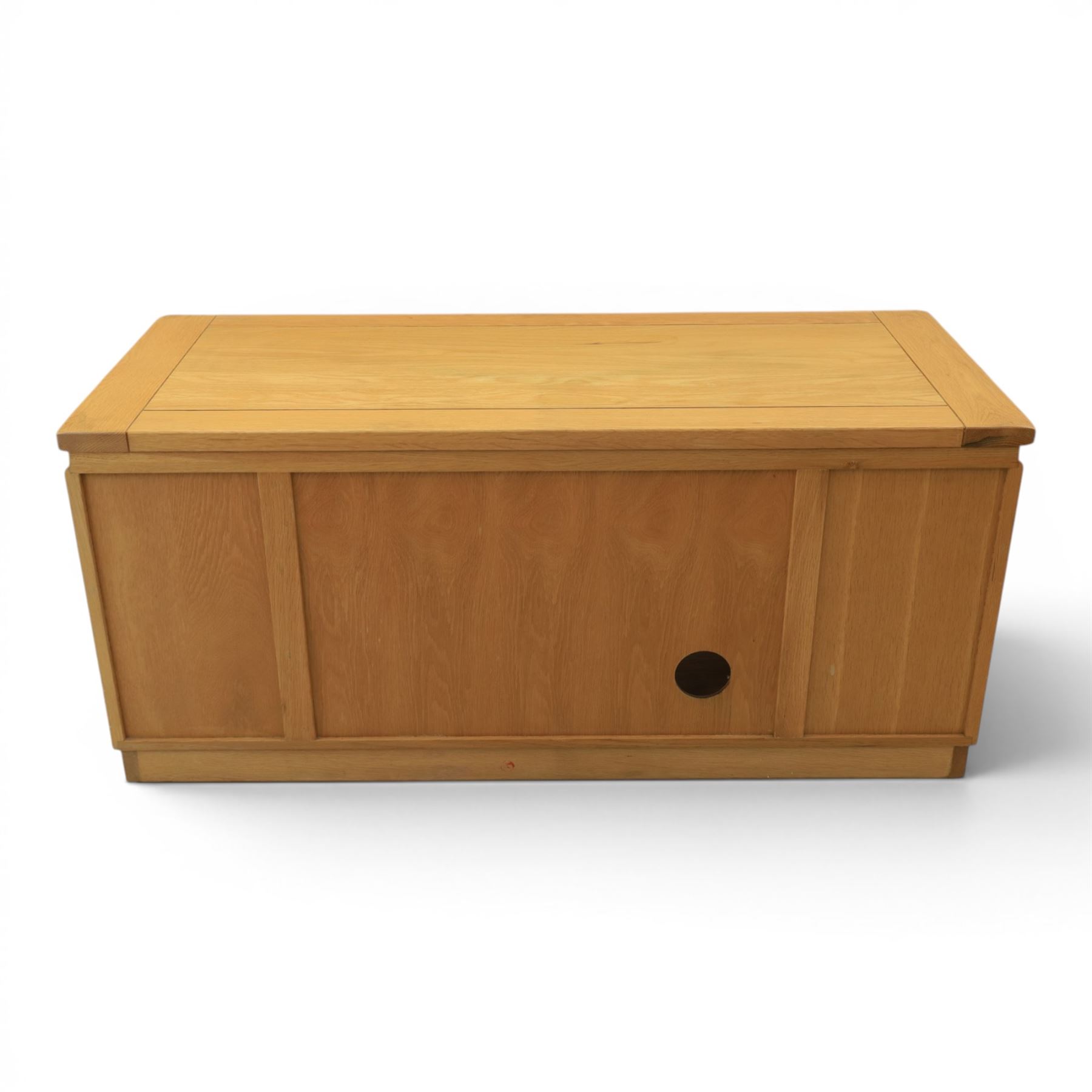 Contemporary light oak television or media unit, two cupboards and two open shelves