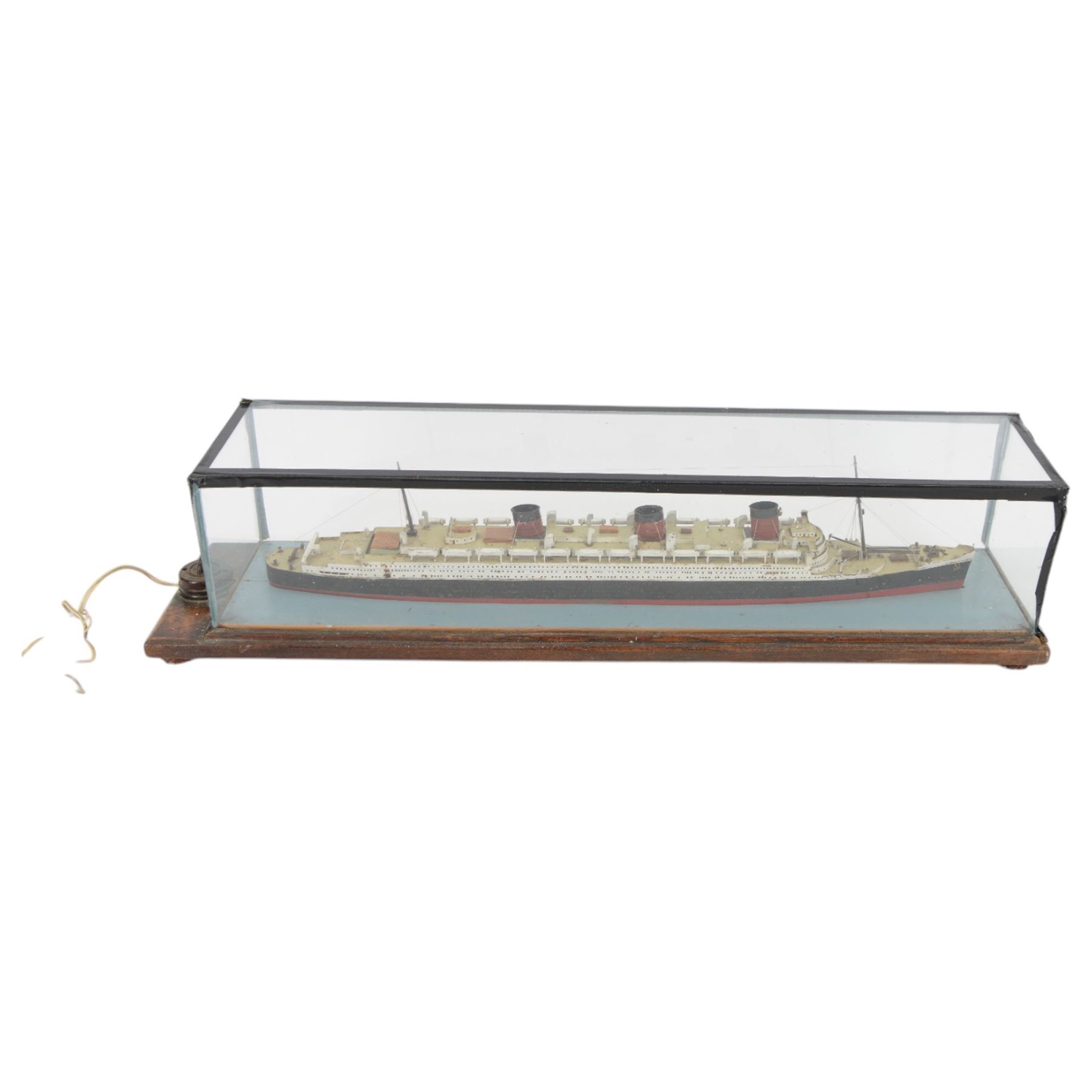 Scratch built model of RMS Queen Mary, in glazed wooden case, H17cm, L74cm
