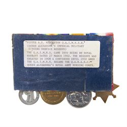 WWI medal trio awarded to female recipient; 1914-15 Star, War Medal and Victory Medal, together with Queen Alexandra’s Imperial Military Nursing Service Reserve cape badge, awarded to Sister A.E. Middleton Q.A.I.M.N.S.R 