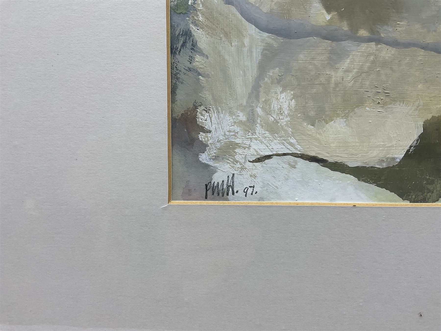 Peter Michael Hicks (Yorkshire 1937-): 'Little Fryup Dale', acrylic signed with initials and dated '97, exhib. Scarborough Art Gallery 'Celebrating the North York Moors', 2001, label verso 18cm x 63cm 