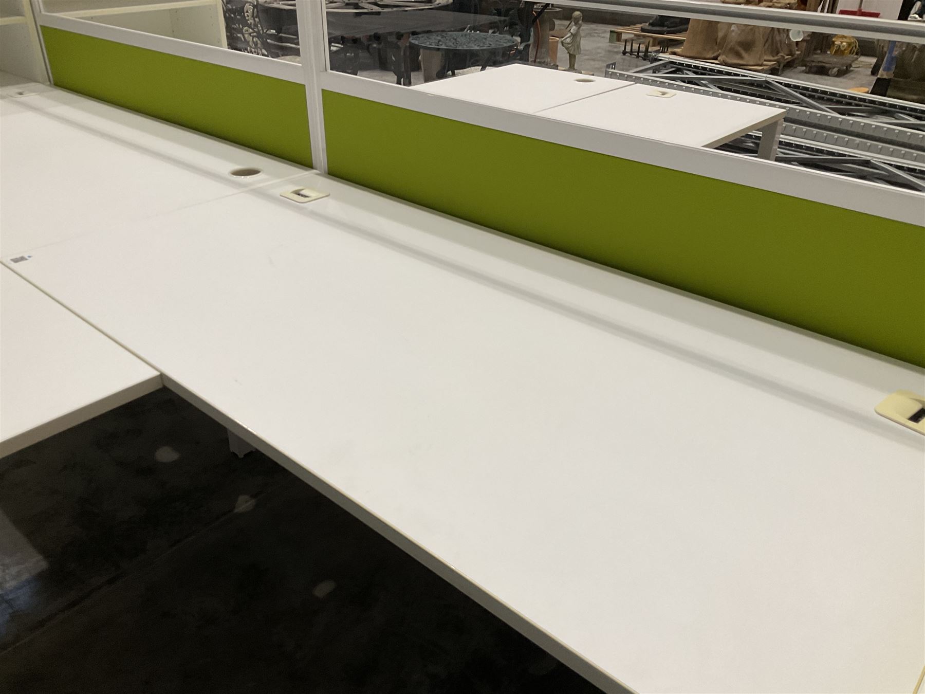 Modular two desk office system - comprising two desks, two returns, two filing drawer cabinets and one screen. Desk dimensions W160cm, D80cm, H73cm, pedestal dimensions W42cm, D80cm, H120cm - THIS LOT IS TO BE COLLECTED BY APPOINTMENT FROM DUGGLEBY STORAGE, GREAT HILL, EASTFIELD, SCARBOROUGH, YO11 3TX