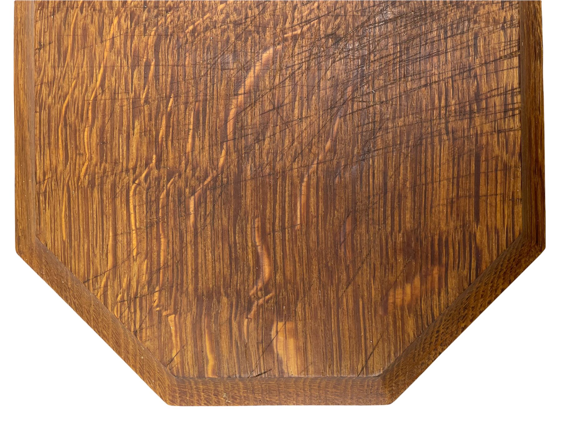 'Mouseman' oak breadboard, canted rectangular form with moulded edge carved with mouse signature, by Robert Thompson of Kilburn 