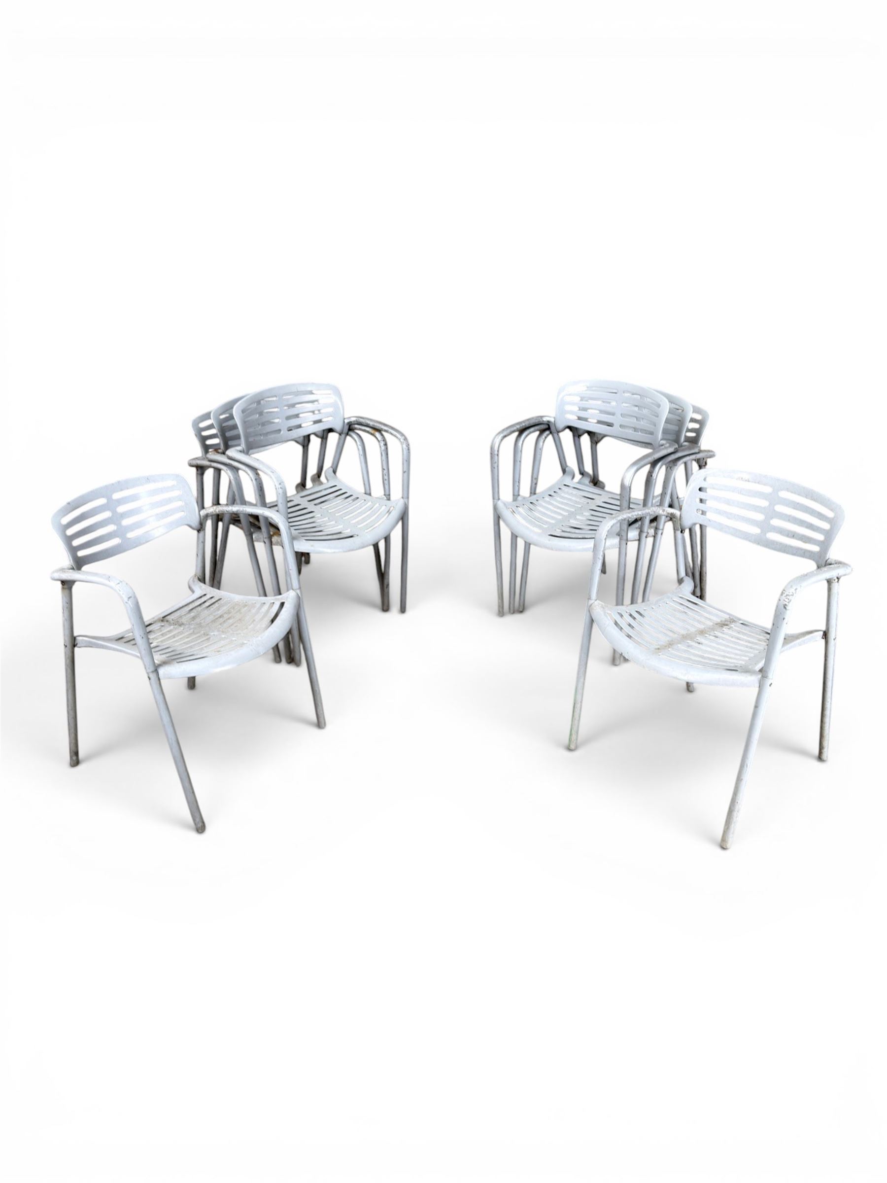 Set of eight mid-20th century painted aluminium garden armchairs, curved backs with shaped seat, stackable