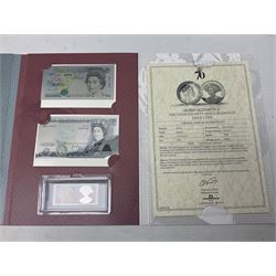 Queen Elizabeth II 'The Platinum Jubilee Banknote Collection' including 2022 'The Unissued Fifty Pence Banknote Gold Coin', housed in official card folder with certificates