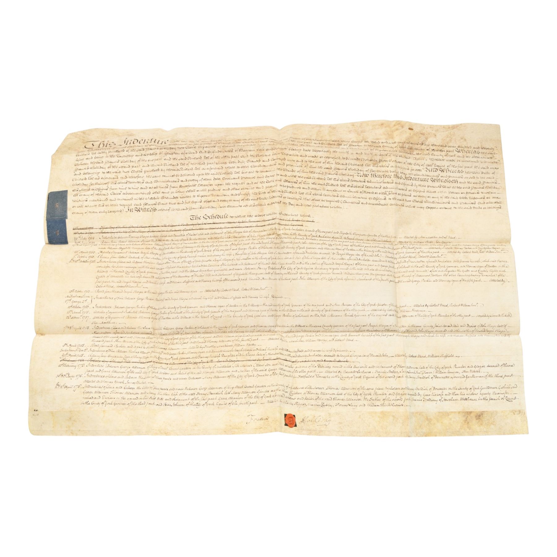 York suburbs interest - extensive collection of 18th century and later vellum indentures, wills, probate documents and property papers charting property ownership and local families in Acomb, Huntington, Earswick, Bishopthorpe, The Mount, Heworth, Heslington and other York suburbs and villages, including documents relating to tradespeople, innkeepers, farmers and householders, many retaining original wax seals, revenue stamps and probate seals, in one box