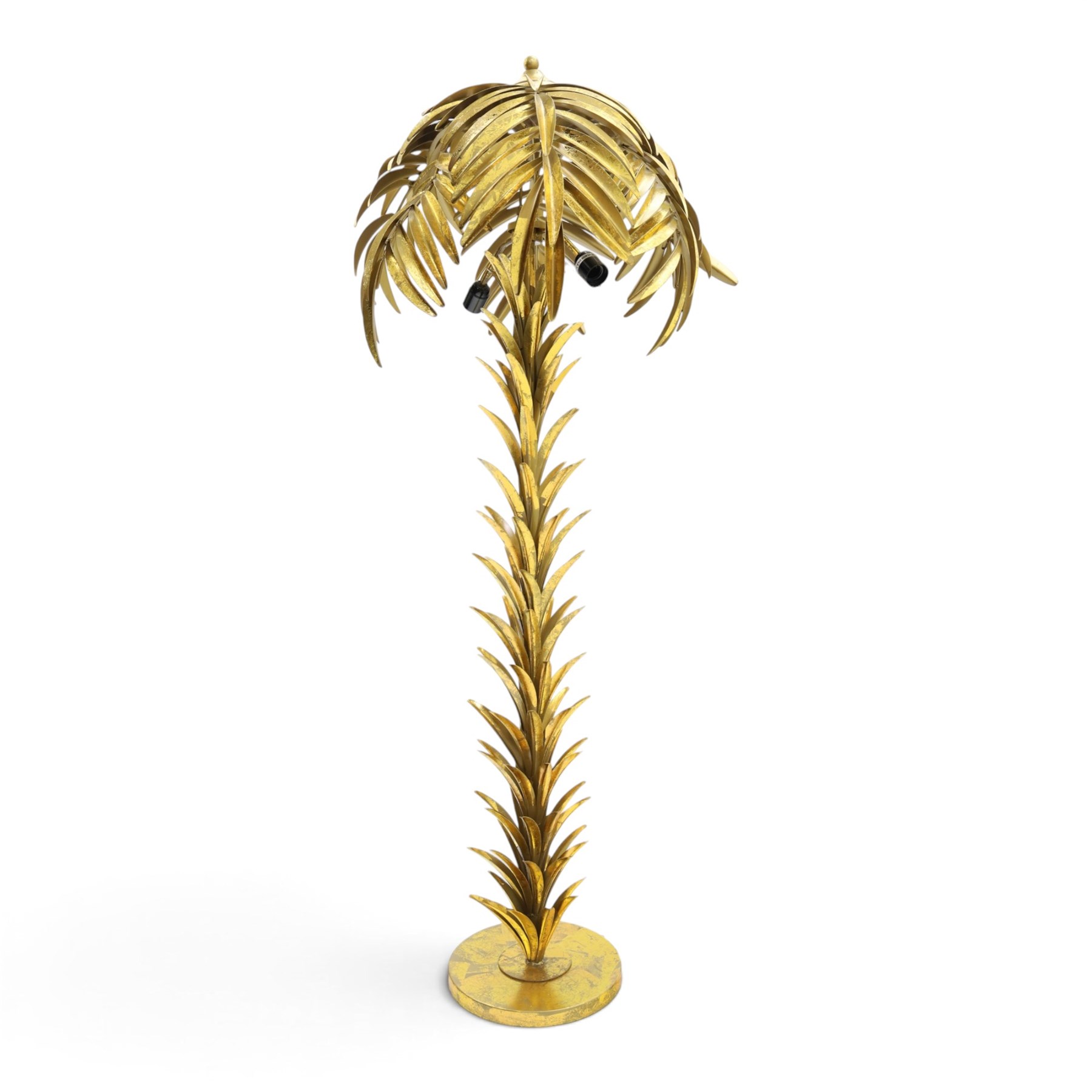 Manner of Maison Jansen - Large gilt metal floor standing standard lamp in the form of a palm tree, large foliage shade over twin branch lights and a leafy , on circular base