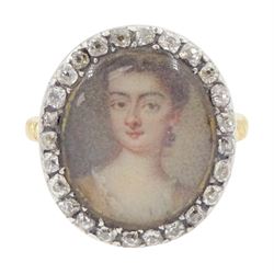 18th/ 19th century gold diamond portrait ring, set with an oval miniature of a woman on iv...