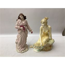 Three Royal Doulton figures, Sunset HN4198, Sunrise HN4199, Josephine HN4223, together with four Wedgwood figures from The Classic Collection; Contemplation, Harmony, Serenade and Winsome, all with printed marks beneath, some boxed, tallest example H30cm