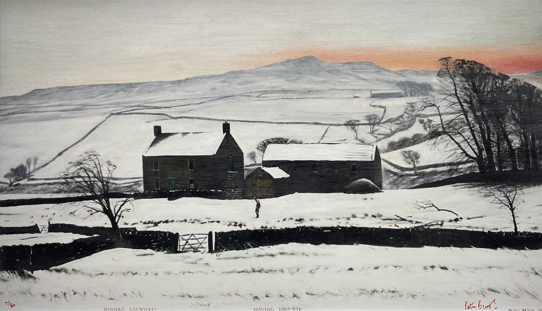 Peter Brook (Northern British 1927-2009): 'Hannah Hauxwell Waving Goodbye', limited edition print signed and numbered 7/80, 34cm x 57cm 