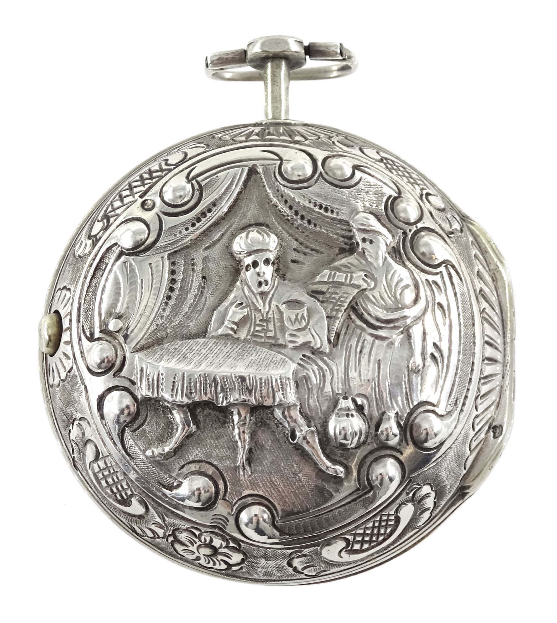 George III silver repousse pair cased verge fusee pocket watch by Samson, London,  No. 20384, square baluster pillars, the enamel polychrome dial depicting a sailor and sweetheart saying farewell, Roman hours and outer Arabic minute ring, inner case by James Richards, London 1793, the outer case depicting figures in an interior setting, with scroll borders interior scene makers mark T.P possibly Thomas Pepper
