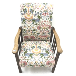 Vintage oak framed reclining armchair, upholstered in a floral patterned fabric, square supports, W60cm