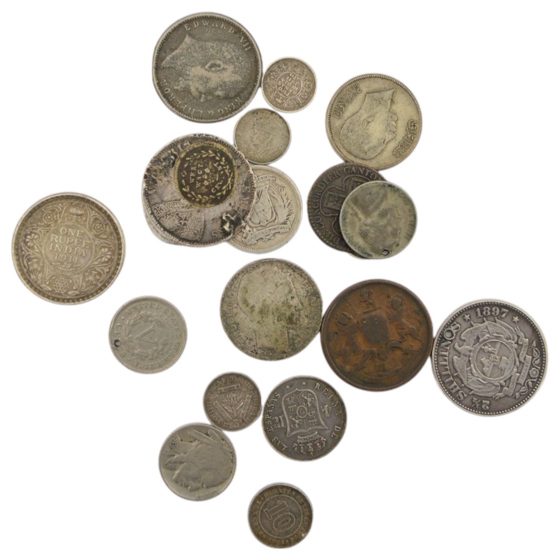 Approximately 50 grams of pre 1920 and approximately 47 grams of pre 1947 Great British silver coins, King George V India 1911 one rupee, South Africa 1897 two and a half shillings (holed) and other coinage