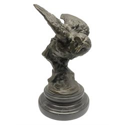 Bronze figure, modelled as an owl upon a rock, on stepped circular base, after Milo, H24.5cm