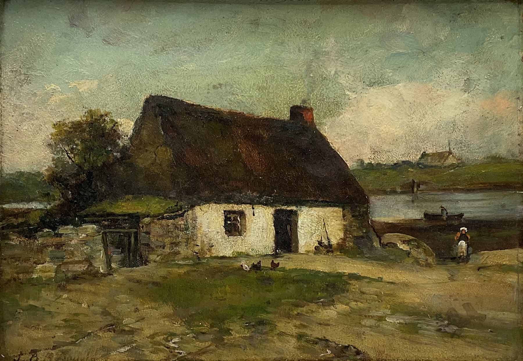 John Blake MacDonald (Scottish 1829-1901): Croft by the River, oil on board signed 24cm x 35cm