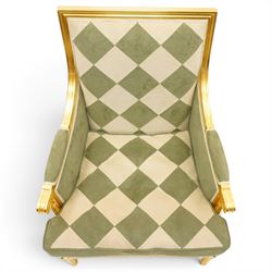 Meritalia - French Empire design gilt framed armchair, the high back over scrolled arm terminals, reeded bottom rail over fluted tapering supports, upholstered in sage green and cream lozenge patterned suede fabric with loose seat cushion
Notes: By vendor's repute originally commissioned in the 1990s by Prince Jefri Bolkiah and the Brunei royal family for use in guest suites.