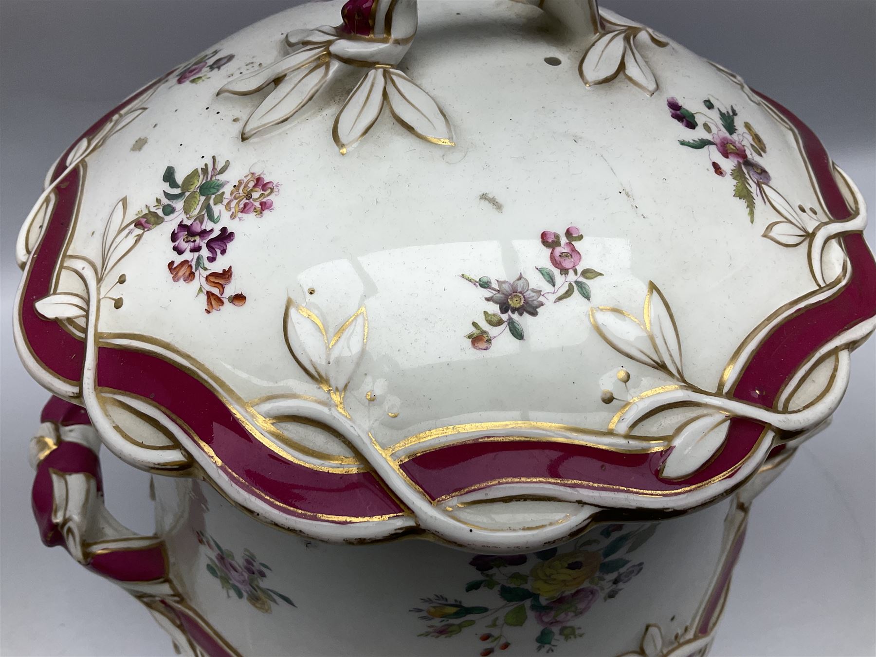 Large Victorian twin handled water pail and cover, of slightly bellied form decorated with floral sprays and moulded vine and ribbon detail, H36.5cm