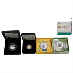 Seven The Royal Mint United Kingdom silver proof coins, comprising 2008 'Queen Elizabeth I' five pound, 2009 'Henry VIII' five pound, 2010 'Restoration of the Monarchy' five pound, 2016 'Team GB' fifty pence, 2017 'Nations of the Crown' one pound, 2018 'Paddington at the Station' fifty pence, and 2019 'The Gruffalo' fifty pence, all boxed with certificates