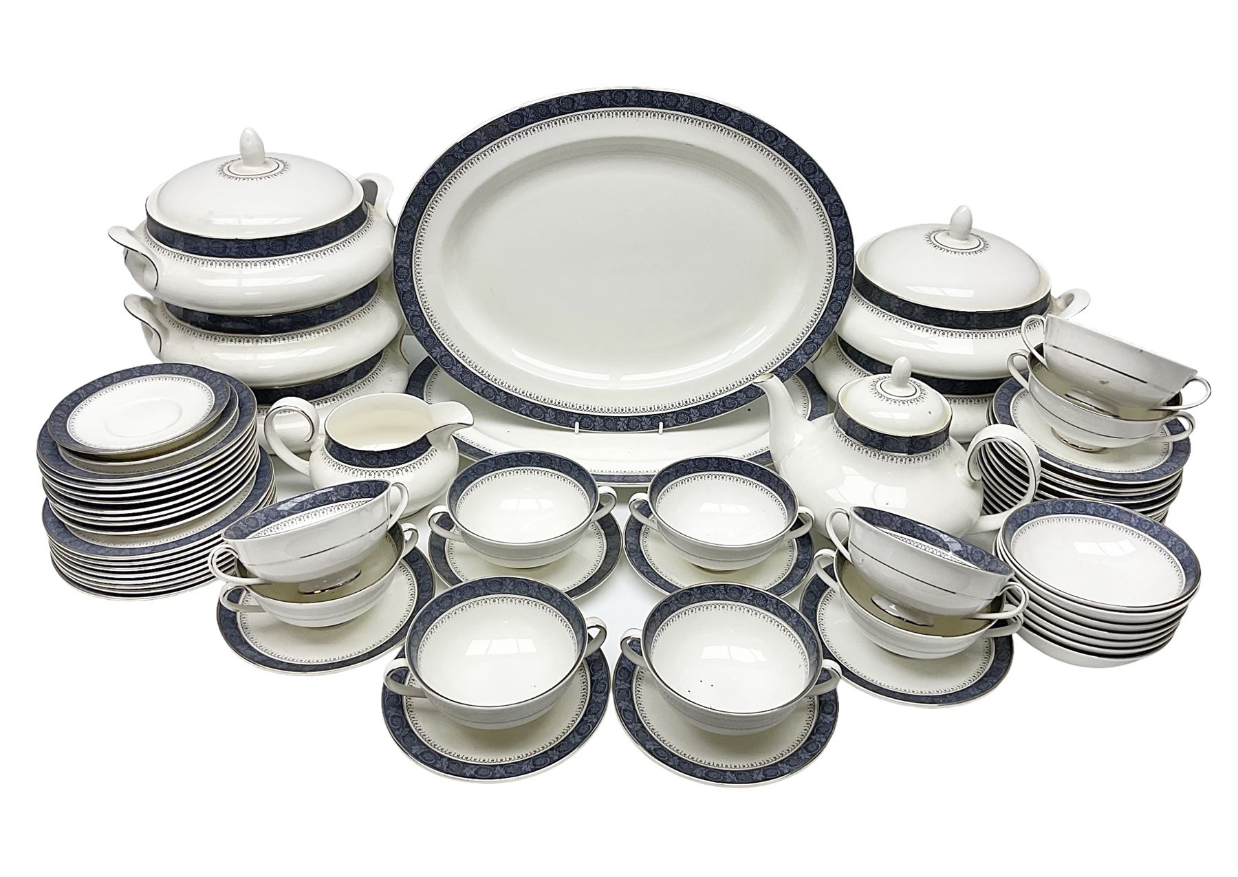 Royal Doulton Sherbrooke pattern part dinner and tea service, to include teapot, ten twin handled soup bowls and saucers, two serving platters, three twin handled covered dishes etc (63)  