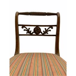 Pair of Regency rope twist back bedroom side chairs, striped fabric seats