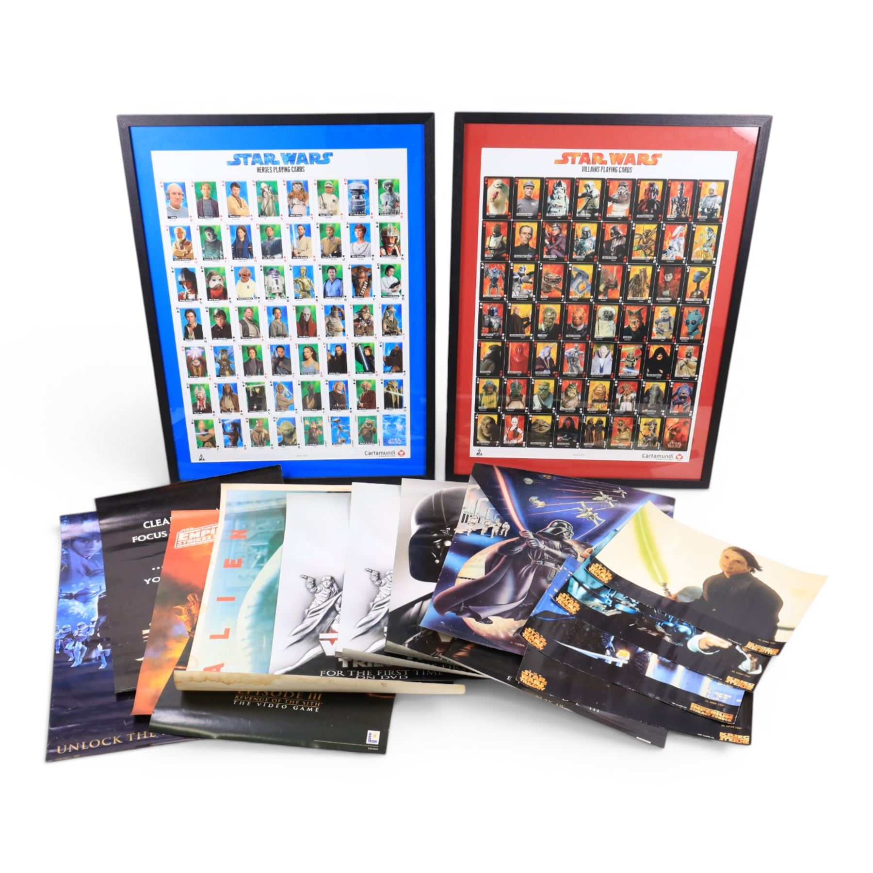 Collection of Star Wars posters, including two vintage 1970s/80s examples, PlayStation, Pepsi, door posters, special edition three film door scroll posters, DVD posters, Storm Trooper door poster, etc, vintage Alien poster and two framed Star Wars Heroes and Villains playing card posters