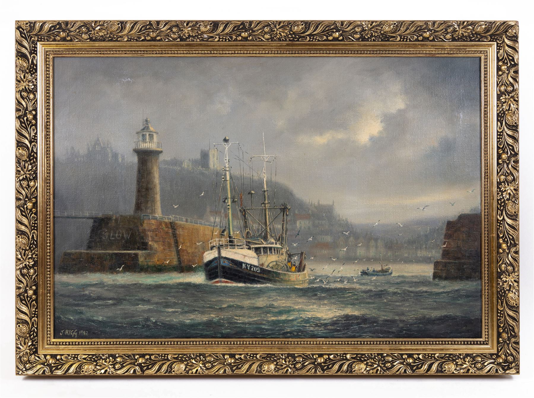 Jack Rigg (British 1927-2023): Kirkudbright Trawler KY209 'Ocean Venture' leaving Whitby Harbour in a Squall, oil on canvas signed and dated 1982, 50cm x 75cm