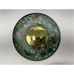 Cloisonné plate decorated with birds and flowers, together with a pair of Cloisonné vases of baluster form 