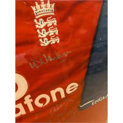 Cricket memorabilia: signed cricket bat from John Childs Benefit year 1994, and two framed England cricket shirts both with signatures, largest frame H95cm