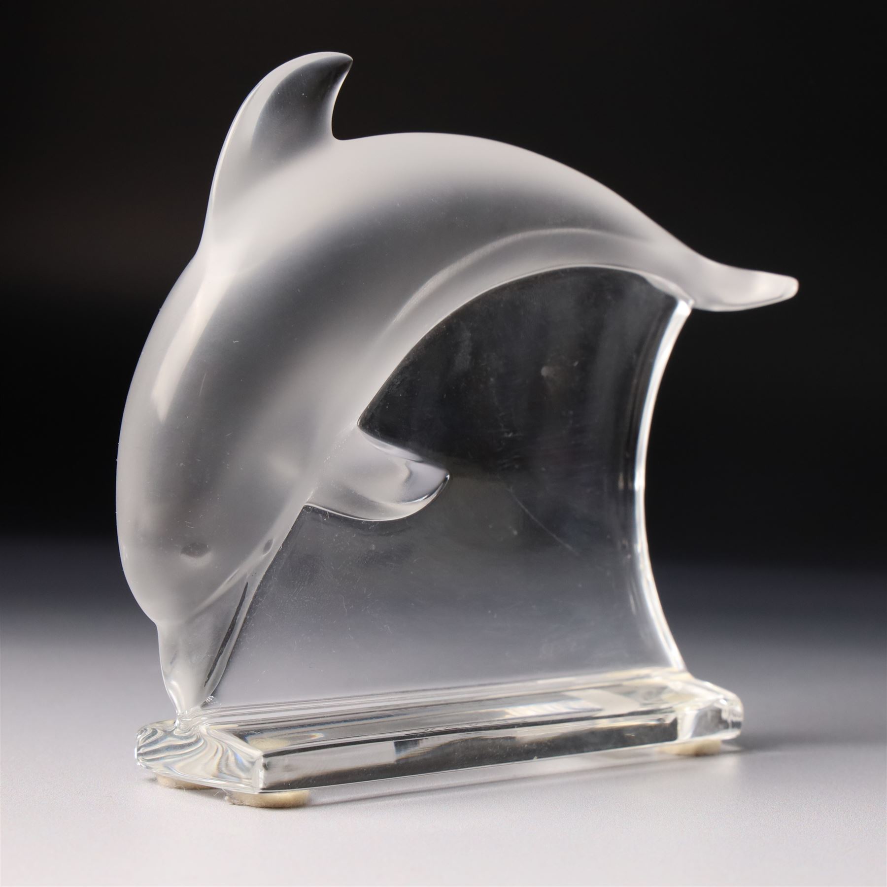Lalique clear and frosted glass dolphin, label to base W12cm, boxed and a Baccarat blue glass dolphin W16cm  in Mappin & Webb box