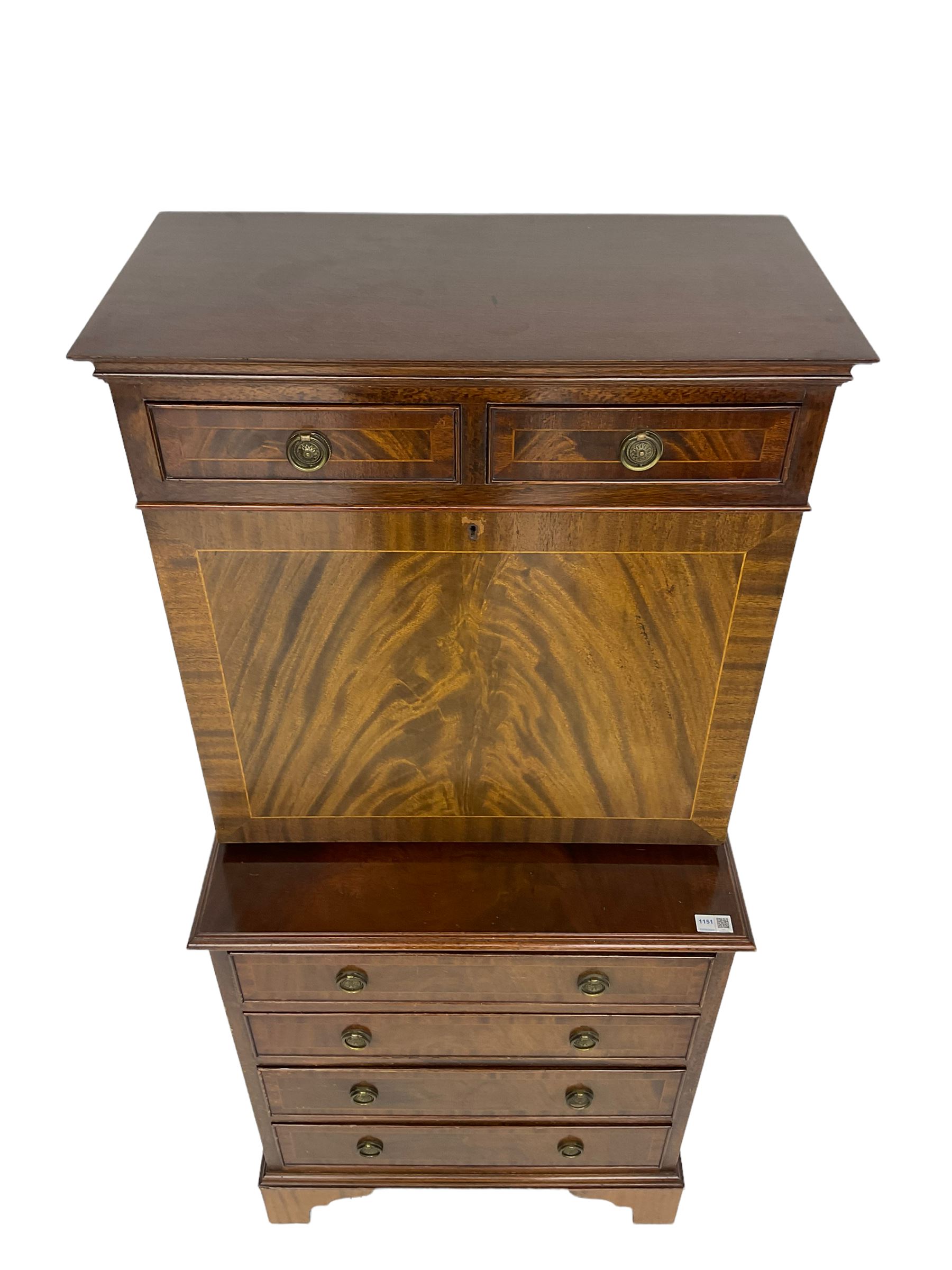 Shaw of London - mahogany secretaire chest, the upper section fitted with two drawers over fall front enclosing drawers, cupboard and pigeon holes, the lower section fitted with four graduating drawers, on bracket feet