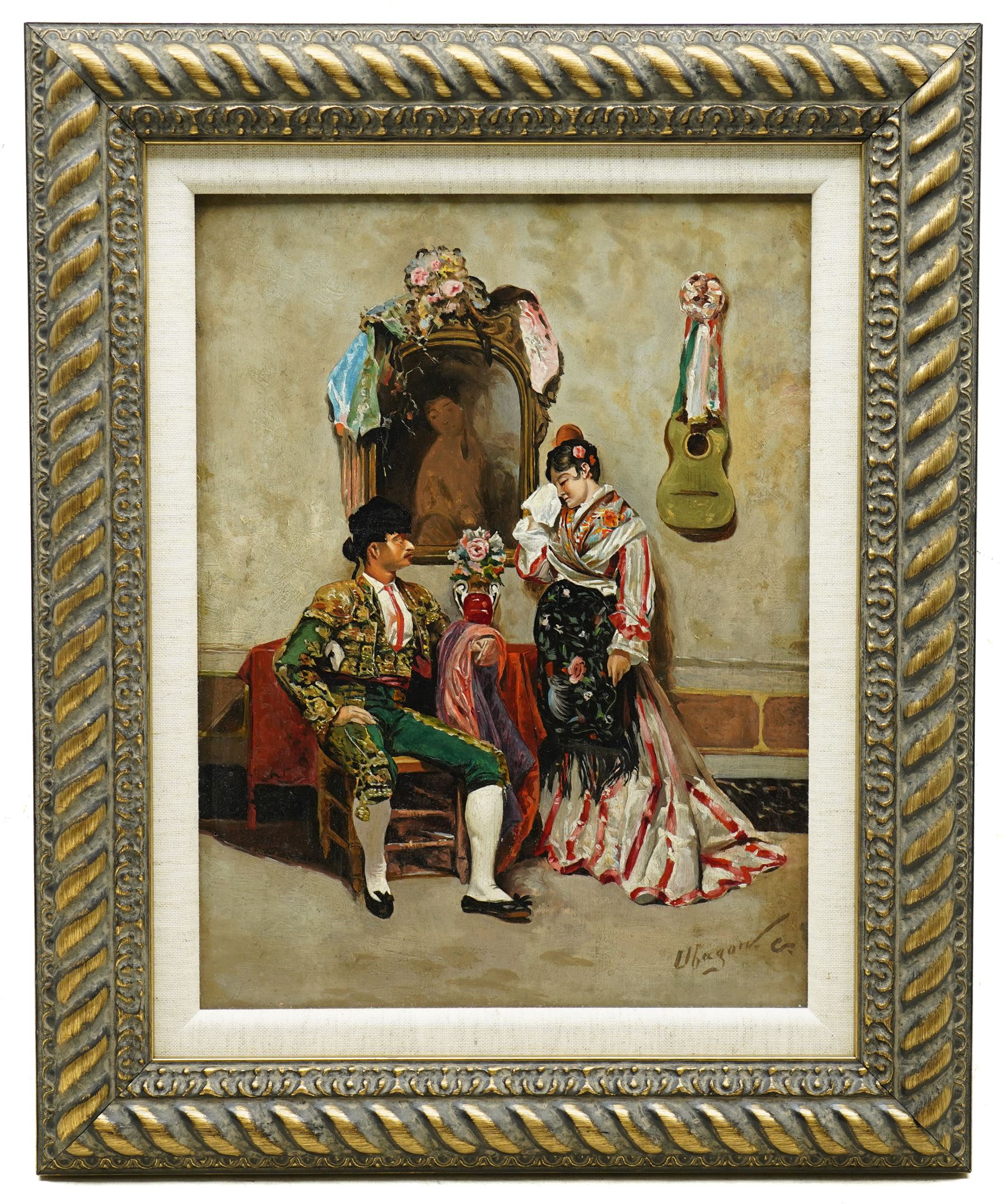 Spanish School (Early 20th century): After the Bullfight - the Matador and Flamenco Dancer, oil on panel indistinctly signed 34cm x 26cm