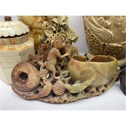 Collection of hardstone and soapstone, including hardstone seal carved temple dogs finial, inscription on base, together with inkwells, vases etc  