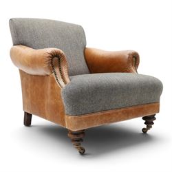 Tetrad - 'Taransay' Harris Tweed and tan leather club armchair, Howard shape with reclined...