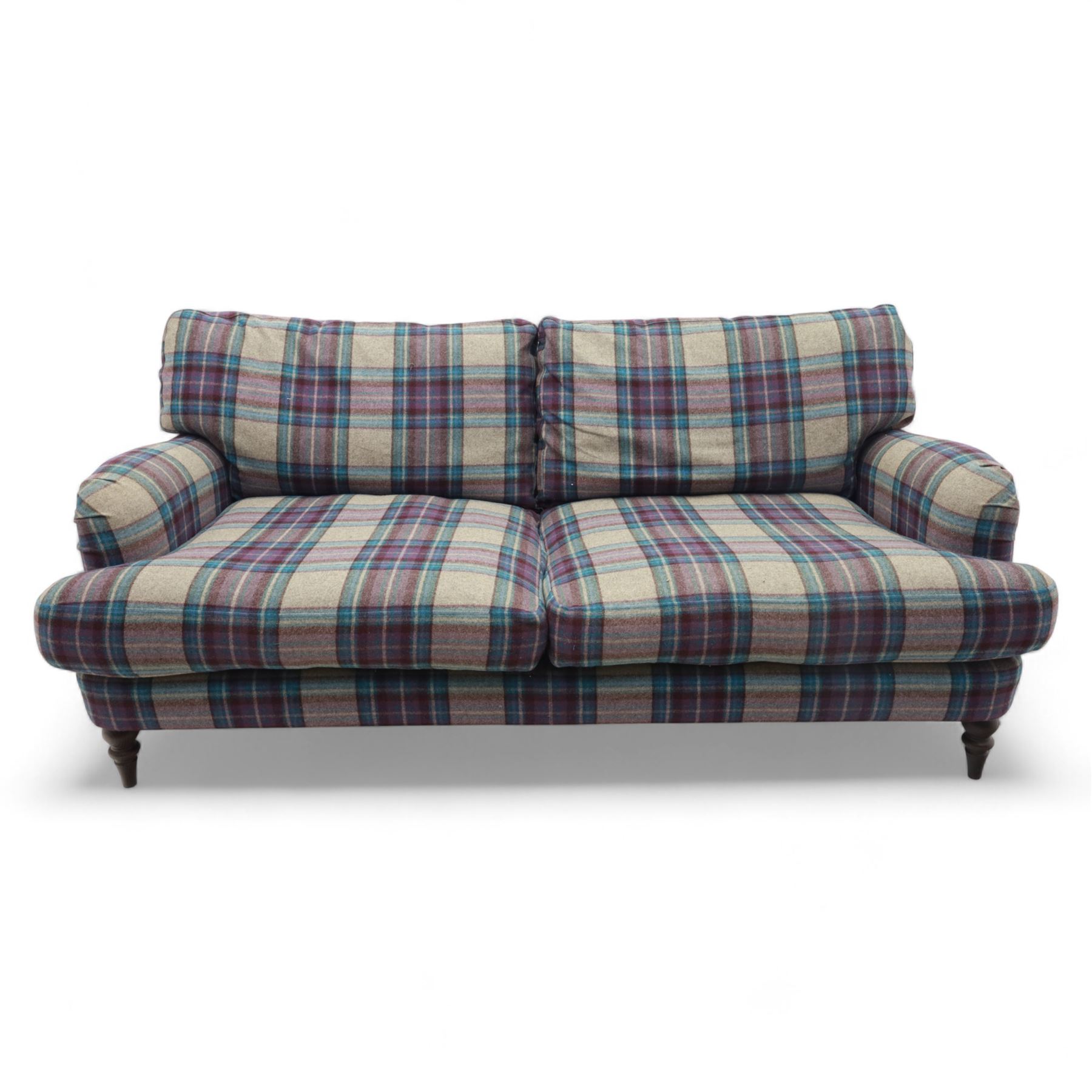 John Lewis - contemporary two seat sofa, upholstered in multicoloured check pattern fabric with removable seat and back cushions, gently scrolled arms and low square feet
