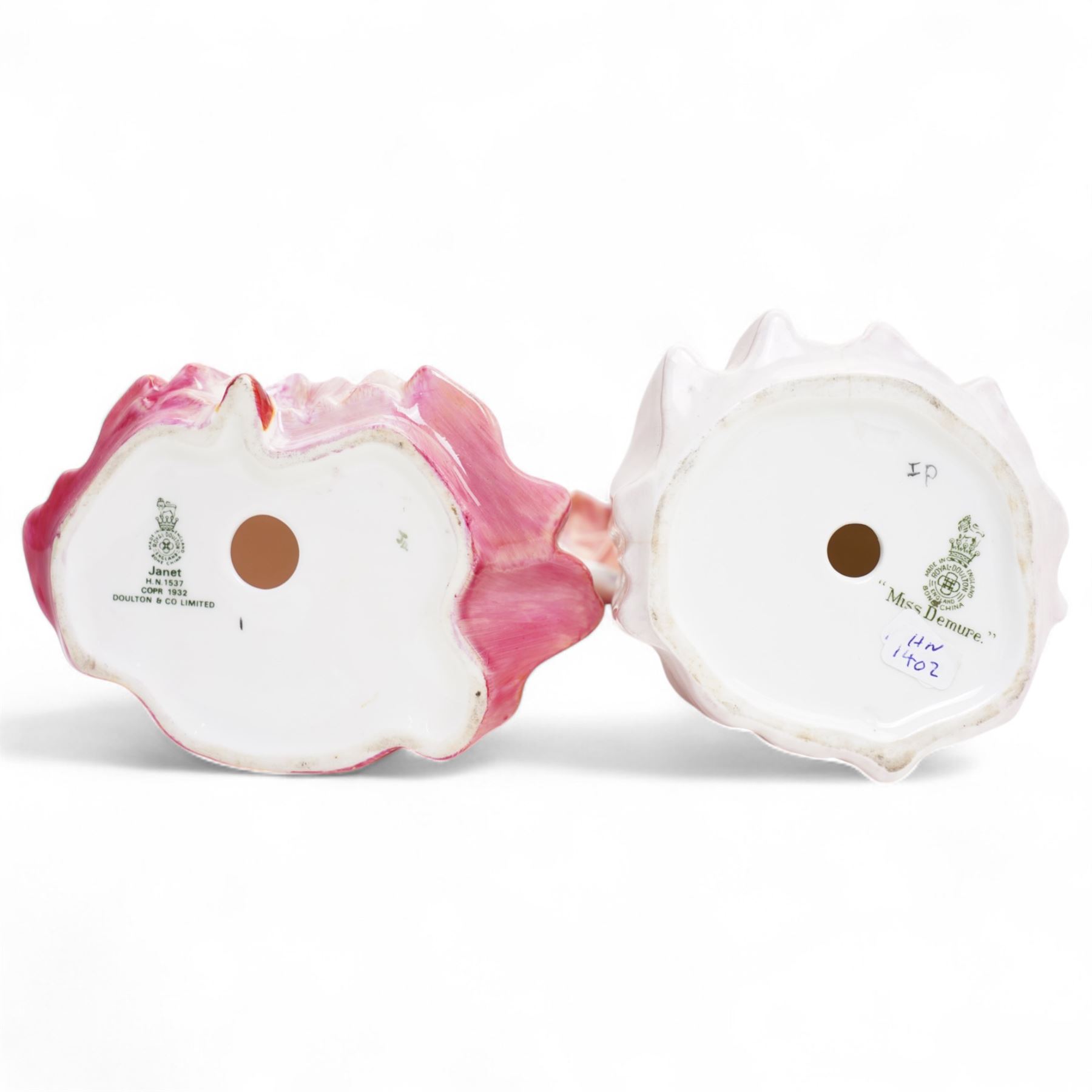 Eleven Royal Doulton figures, including Miss Demure HN1402, Ninette HN4717, Janet HN1537, Embrace HN4258 etc 