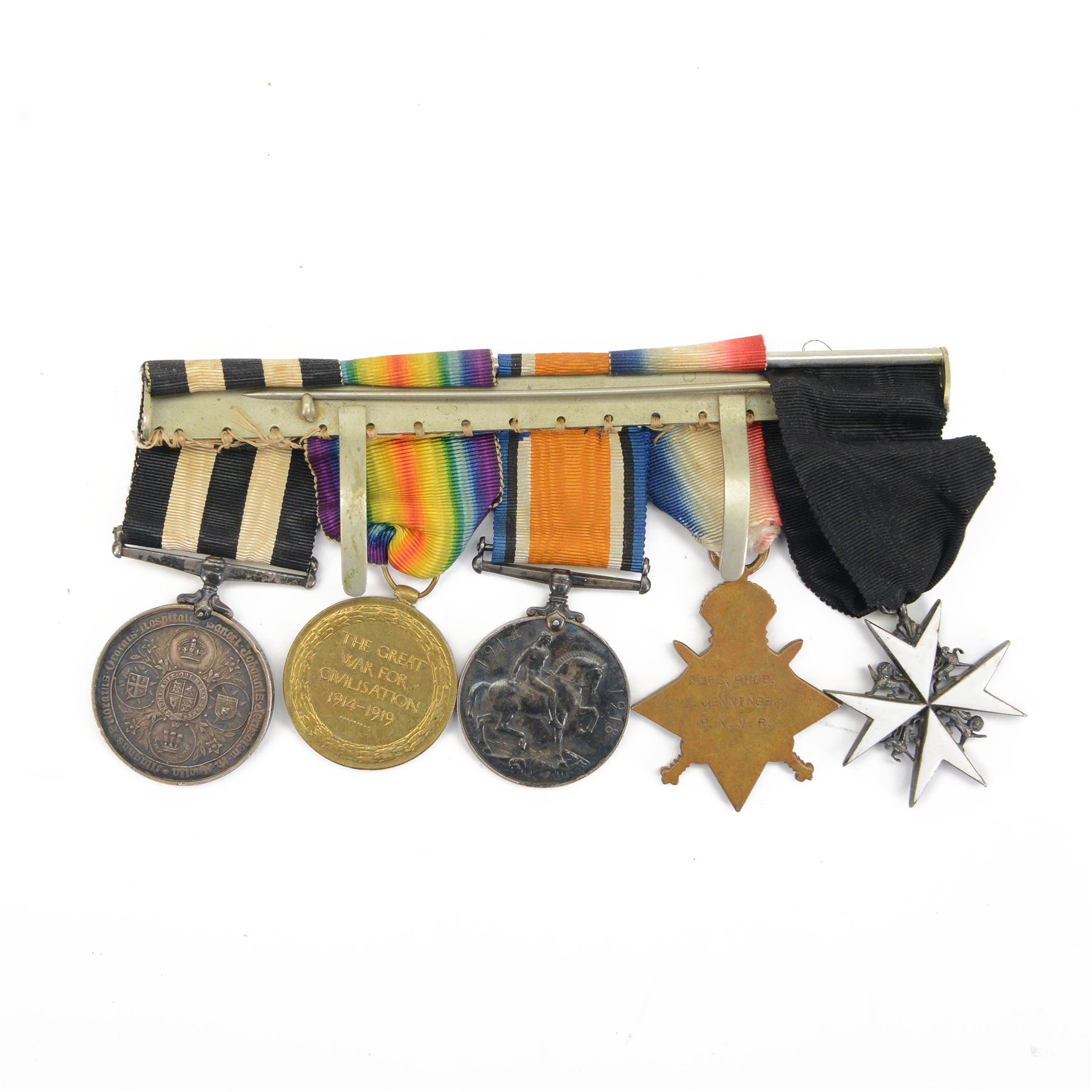 Surgeon Norman Jennings group of five medals and corresponding miniatures, comprising WWI trio; British War Medal, Victory Medal, 1914-15 Star and The Order of St. John Service Medal and Star 
During WWI Norman Jennings served as Surgeon Probationer for Royal Navy Volunteers Reserves. He went of the be the City of Hull Coroner 1935 