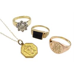 Gold diamond chip cluster ring, gold St Christopher's pendant necklace, rose gold signet ring and a gold black onyx ring, all 9ct