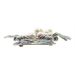 Silver pearl, ruby and plique-a-jour insect brooch, stamped 925