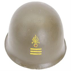 Indochine period, French 1st Legion M47 steel helmet, with 1st legion insignia painted to the front, with inner webbing and leather chin strap 