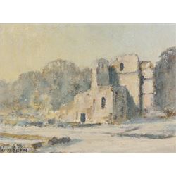 William Burns (Northern British 1923-2010): 'Snow at Roche Abbey - South Yorkshire', oil on board signed, titled verso 14cm x 19cm Provenance: Direct from the family of the artist.
Notes: Born in Sheffield in 1923, William Burns RIBA FSAI FRSA studied at the Sheffield College of Art before the outbreak of the Second World War, during which he helped illustrate the official War Diaries for the North Africa Campaign, and was elected a member of the Armed Forces Art Society. On his return, he studied architecture at Sheffield University and later ran his own successful practice, being a member of the Royal Institute of British Architects. However, painting had always been his self-confessed 'first love', and in the 1970s he gave up architecture to become a full-time artist, having his first one-man exhibition in 1979.