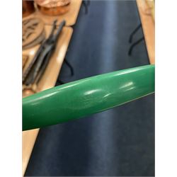 Jade green Bakelite telephone, of pyramid form with alphabet dial, brown braided handset cord and a base draw