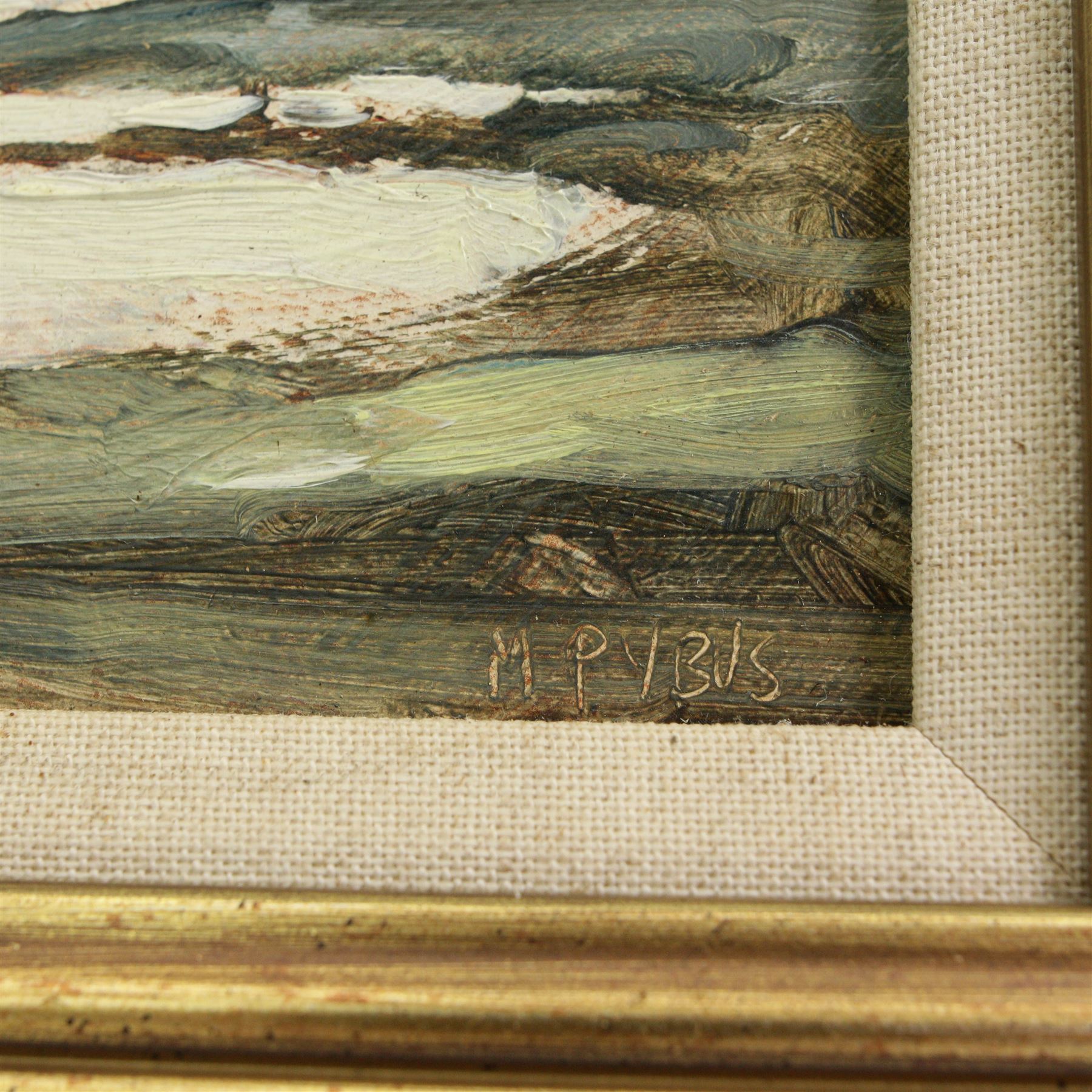 Christine M Pybus (British 1954-): The Cove, oil on board signed 16cm x 14cm; Meredith Watling (British Early 20th Century): 'Stormy Sky - Looking Towards Fen Ditton' Church, oil on board unsigned, extensively inscribed verso 23cm x 30cm (2) (one unframed)