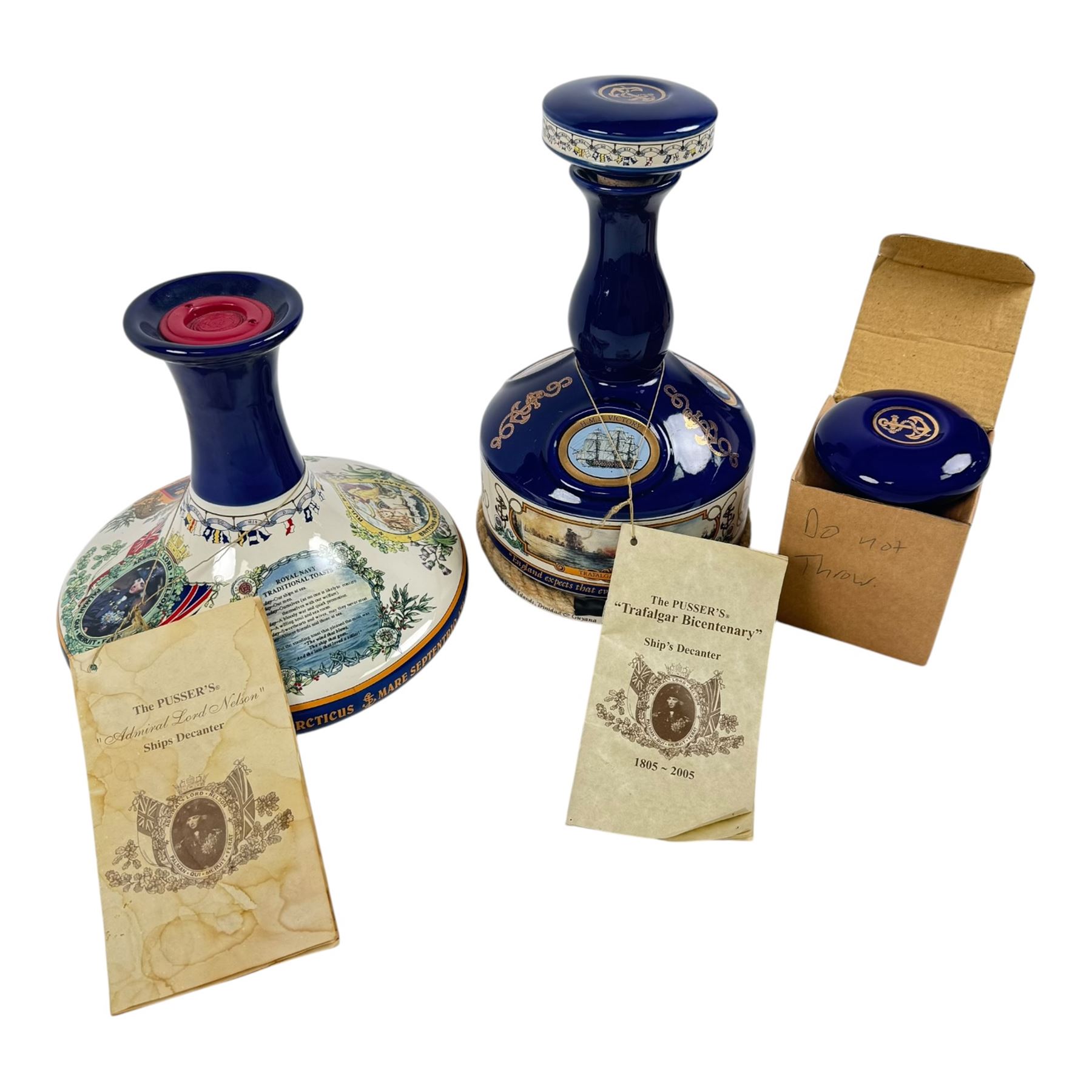 Pusser's Rum Admiral Lord Nelson ship's decanter with contents, wax seal with stamp to top, together with Trafalgar Bicentenary decanter 