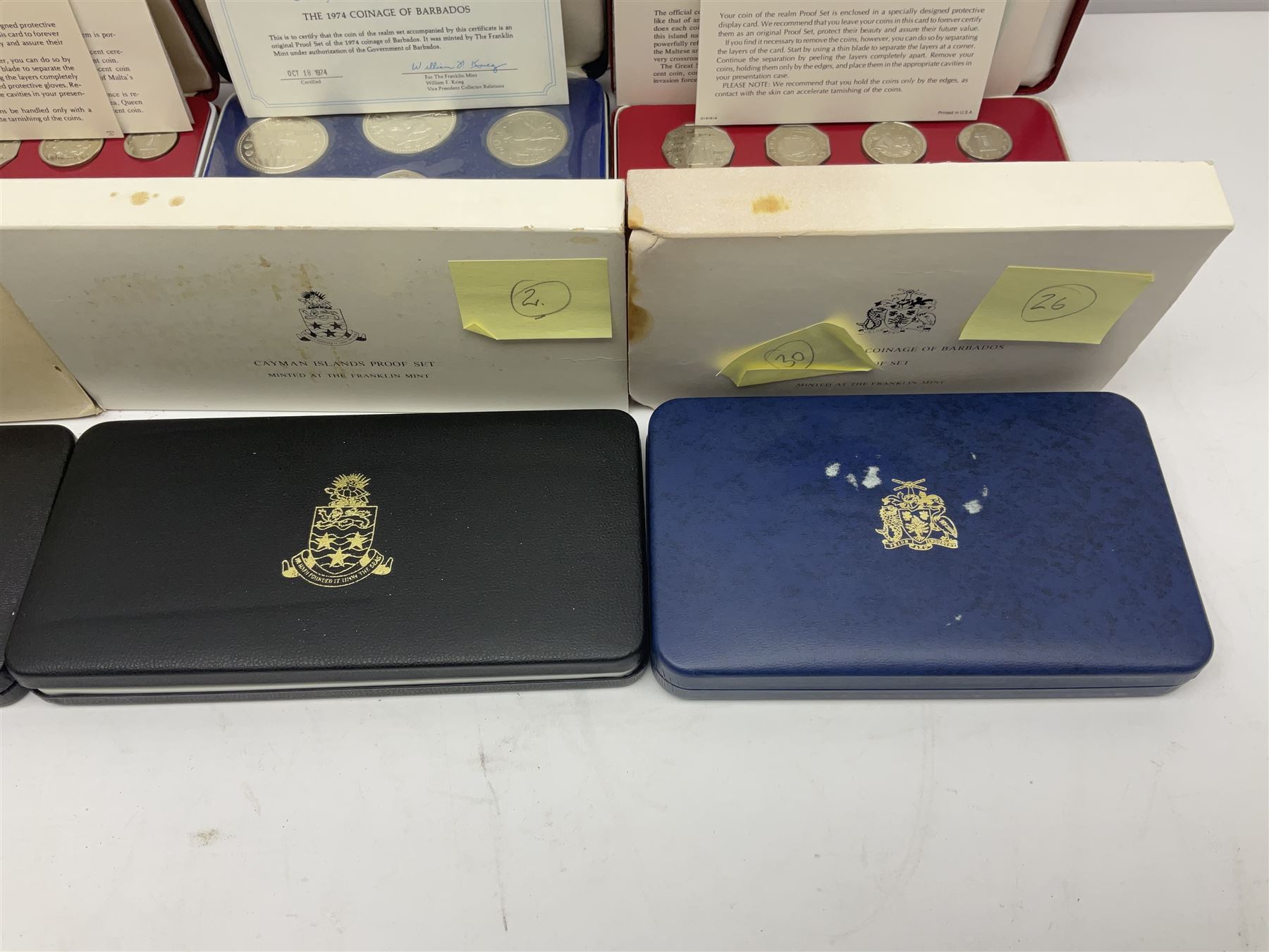 First National Coinage of Barbados 1973 proof eight coin set, from ten dollars to one cent, the ten dollar coin minted in sterling silver, the five dollar coin minted in 800 silver, and a Barbados 1974 proof eight coin set, both minted at The Franklin Mint, cased with certificates; two Republic of Malta decimal proof coin sets, dated 1978 and 1979, the 1979 one pound coin minted in sterling silver, both minted at The Franklin Mint, cased with certificates; Cayman Islands 1973 proof eight coin set, minted at the Royal Canadian Mint, cased; and a Cayman Islands 1979 proof eight coin set, the five dollar to fifty cents coins each minted in sterling silver, minted at the Franklin Mint, cased with certificate (6)