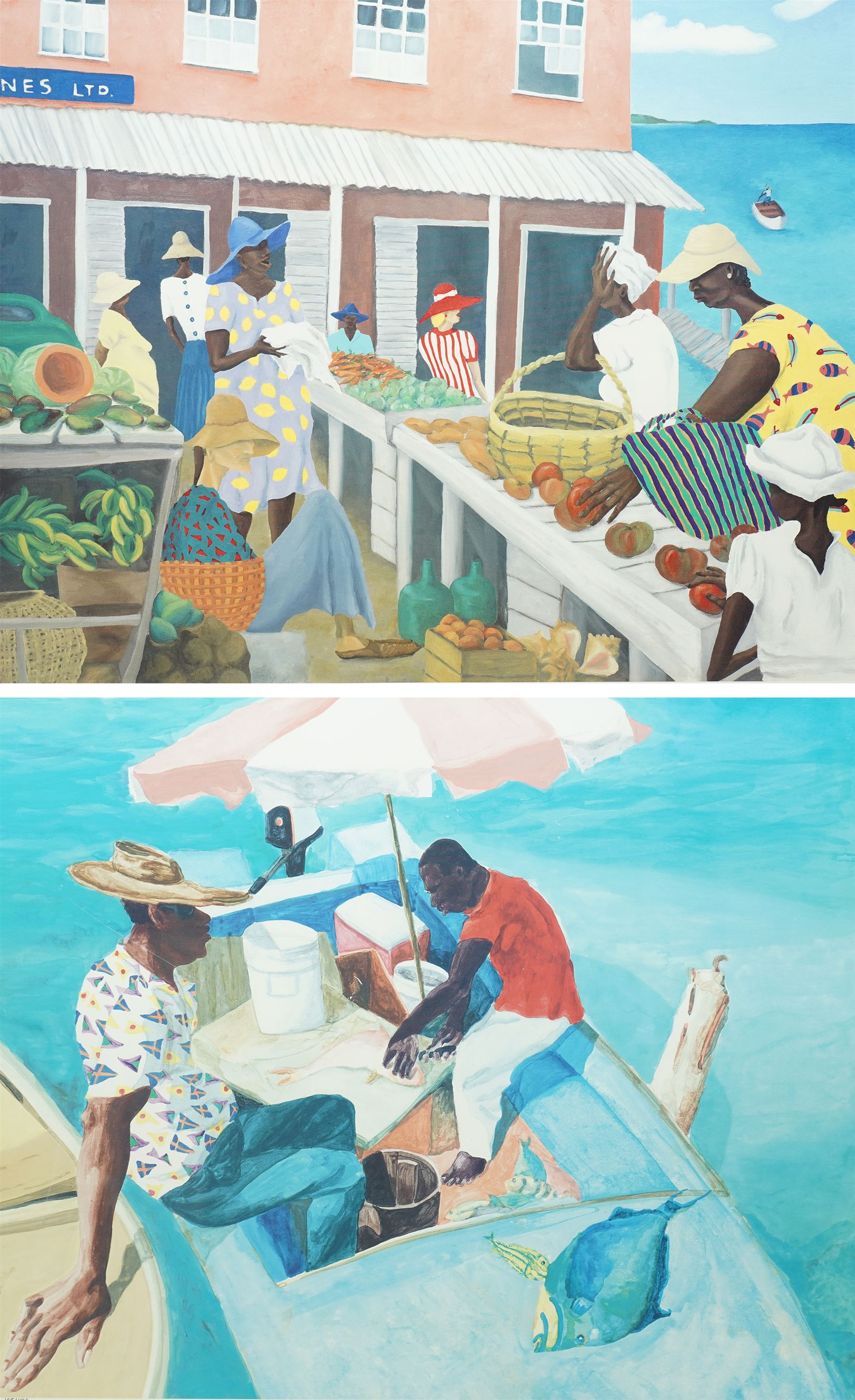 Tiffany Erwin Cant (American 1954-): 'Marketplace' and 'Men in the Boat', pair of limited edition colour lithographs signed and numbered 120/400 and 105/400, 51cm x 64cm (2)