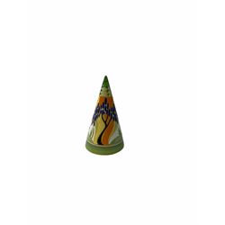 Three Wedgwood limited edition Clarice Cliff Design sugar sifters of conical form, comprising House and Bridge, Windbells and Delicia Citrus, H11cm. 