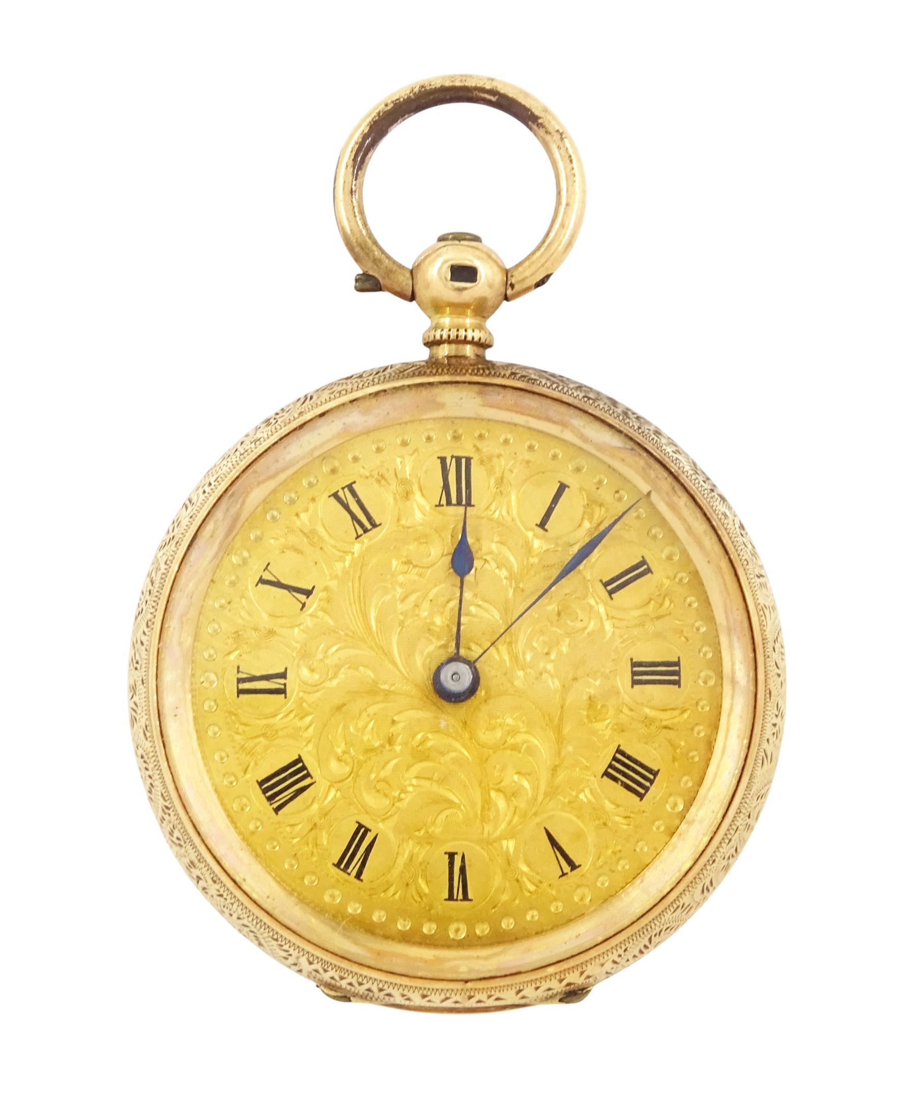 Early 20th century 14ct gold open face, key wound cylinder fob watch, engraved gilt dial with Roman numeral hour markers, case with engraved foliate decoration, stamped 14K