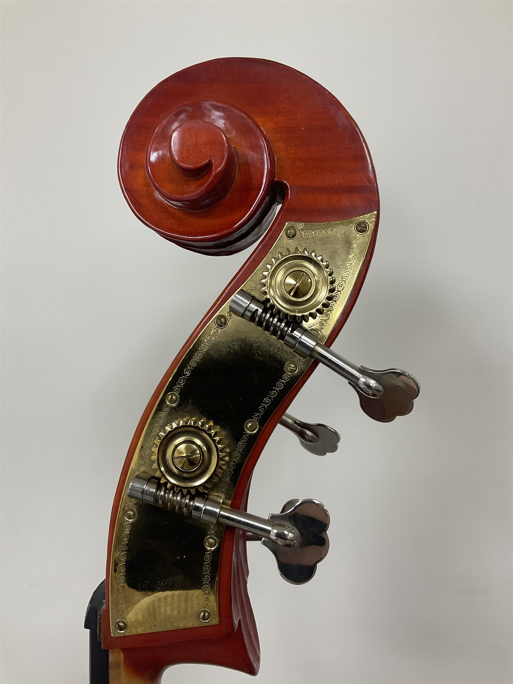 Contemporary 3/4 Double Bass, Body height bottom to shoulder 110cm, With steel tuning pins and ebonised fingerboard, no strings, bridge, tail piece, or endpin Although called a 3/4 size bass, this size is recognised as a regular sized Double Bass 
