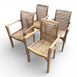 Set of four teak high back slatted garden chairs