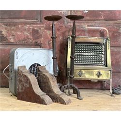 Mixed lot to include; a vintage brass cased electric heater, a large salter hanging scale, a pair of pitch pine wall brackets, and a pair of wrought iron pricket type candle sticks (6) - COLLECTION BY APPOINTMENT FROM: The White House, Thirsk Road, Easingwold, York, YO61 3NF - CALL 01723 507111 TO ARRANGE